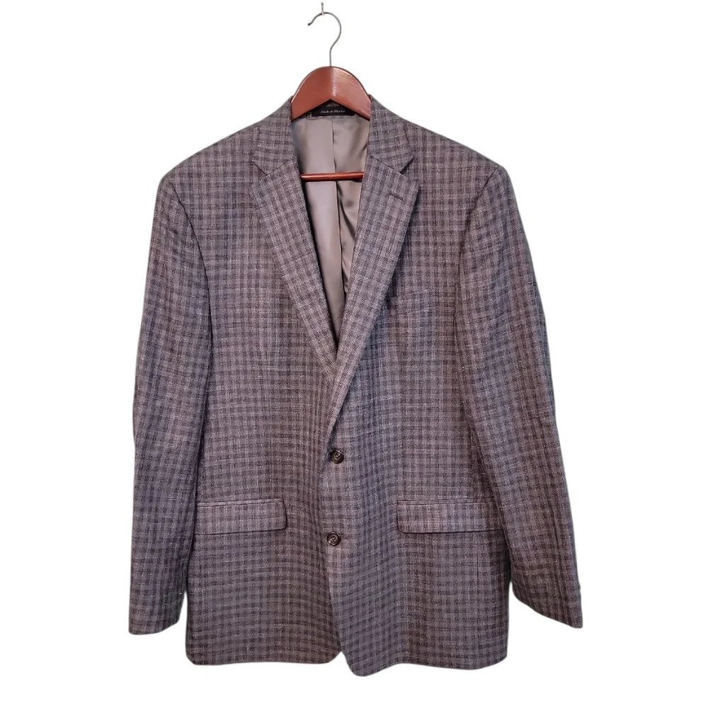 Lauren Ralph‎ Lauren Mens SZ 44L Check Linen Wool Silk Blend Blazer Sport Jacket